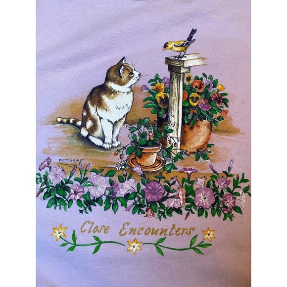 90s Ducks Unlimited Cat Bird Garden Tee M Ferragamo Graphic Lavender Cotton - Picture 2 of 10